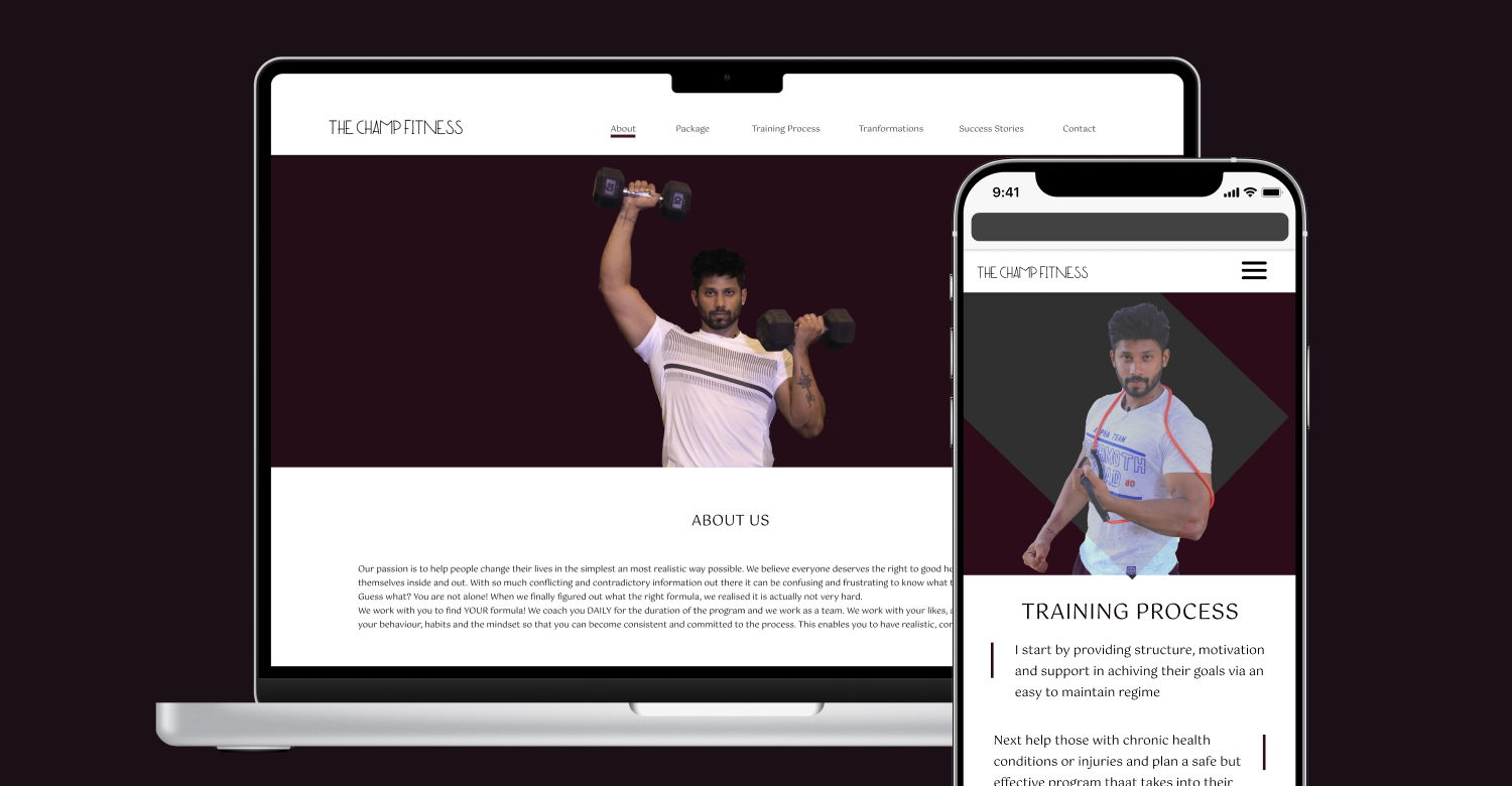 Champ Fitness responsive website showing training packages and booking system
