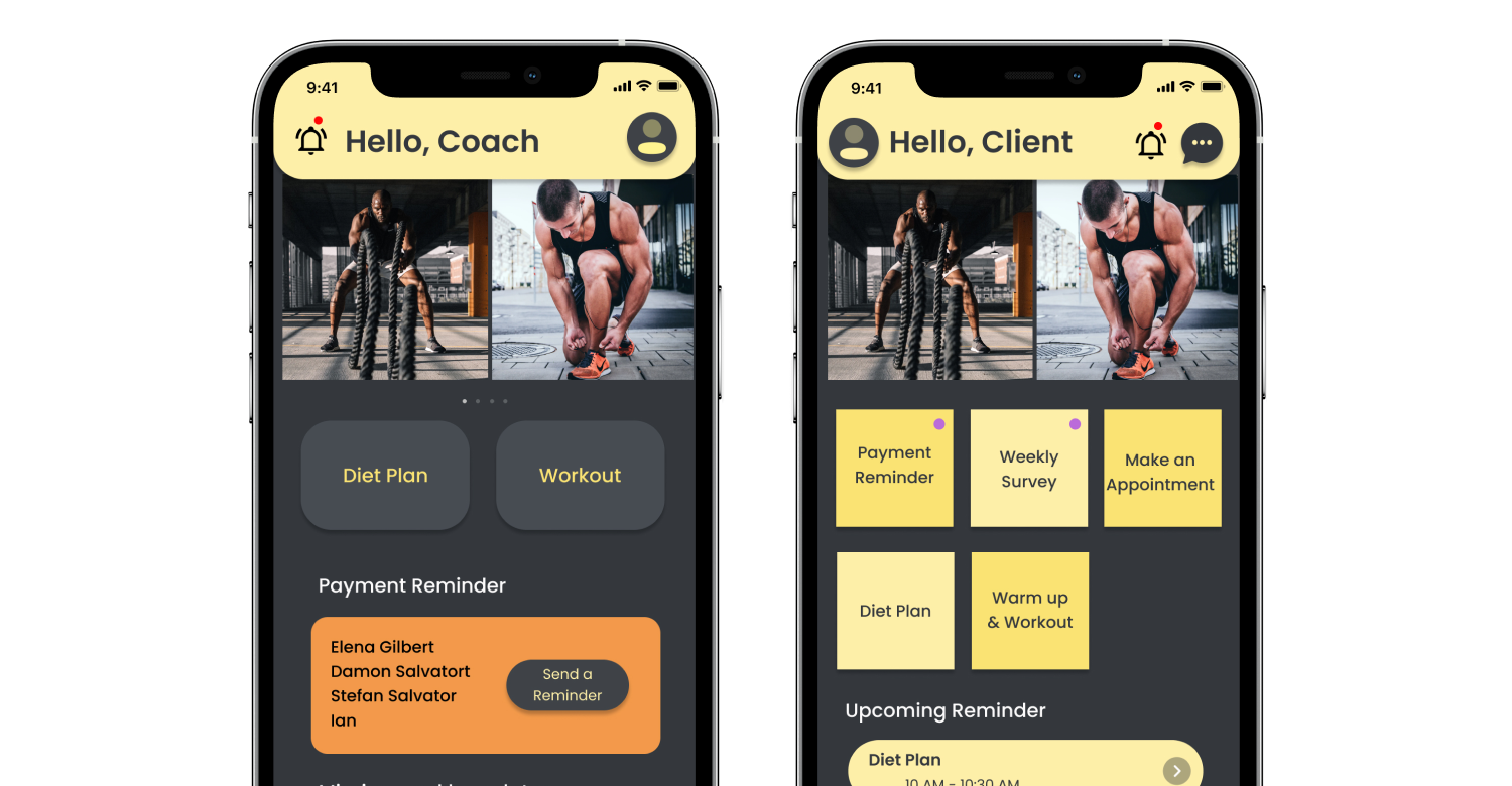 ShapeMeUp fitness app showing coach and client interface with workout planning features
